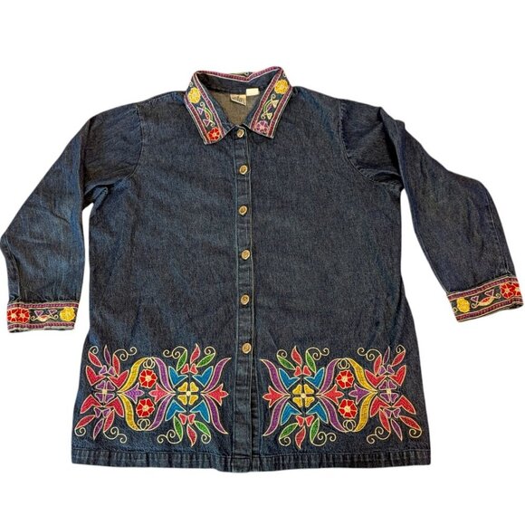 Vintage 90s Denim Embroidered Button Top Jacket Shacket Mainstreet Blues Boho XL - Picture 1 of 8